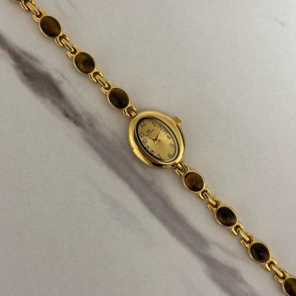 SKU:0007 cute gold white mini watch bracelet with brown natural stone inserts - Picture 5 of 7